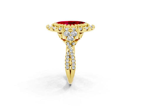 Yellow gold Marquise Cut Ruby Halo Ring with Pavé Band and Four-Prong Setting_14