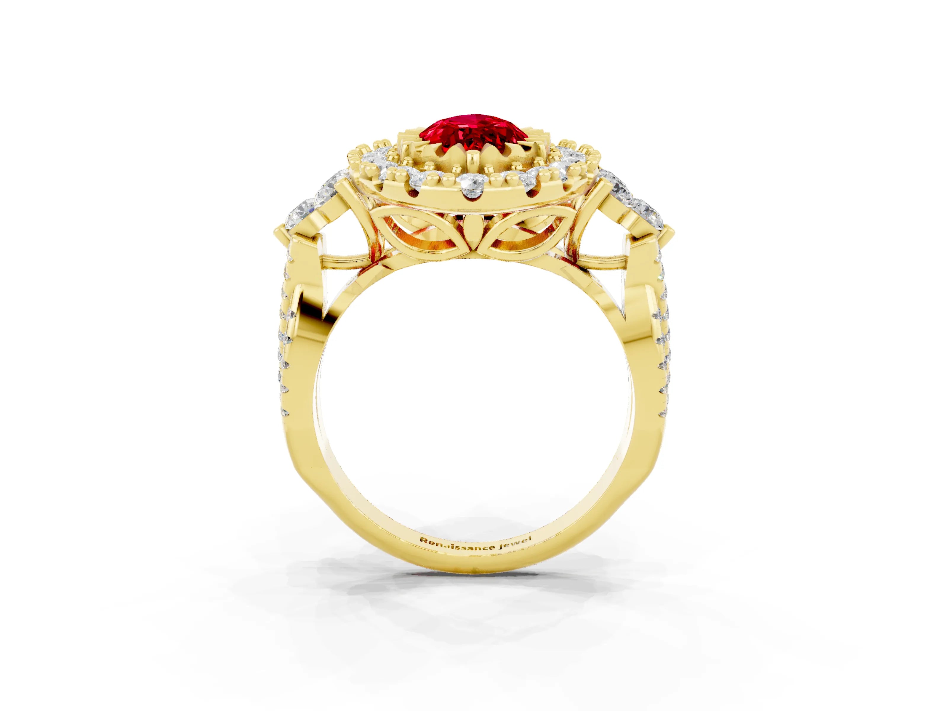 Yellow gold Marquise Cut Ruby Halo Ring with Pavé Band and Four-Prong Setting_15