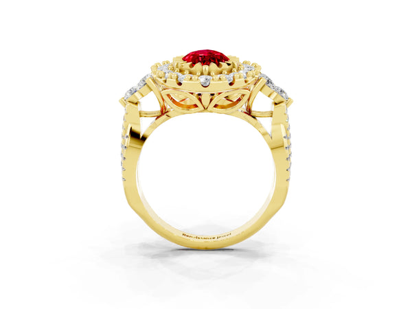 Yellow gold Marquise Cut Ruby Halo Ring with Pavé Band and Four-Prong Setting