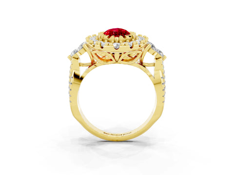 Yellow gold Marquise Cut Ruby Halo Ring with Pavé Band and Four-Prong Setting_15