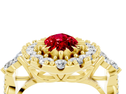 Yellow gold Marquise Cut Ruby Halo Ring with Pavé Band and Four-Prong Setting_16