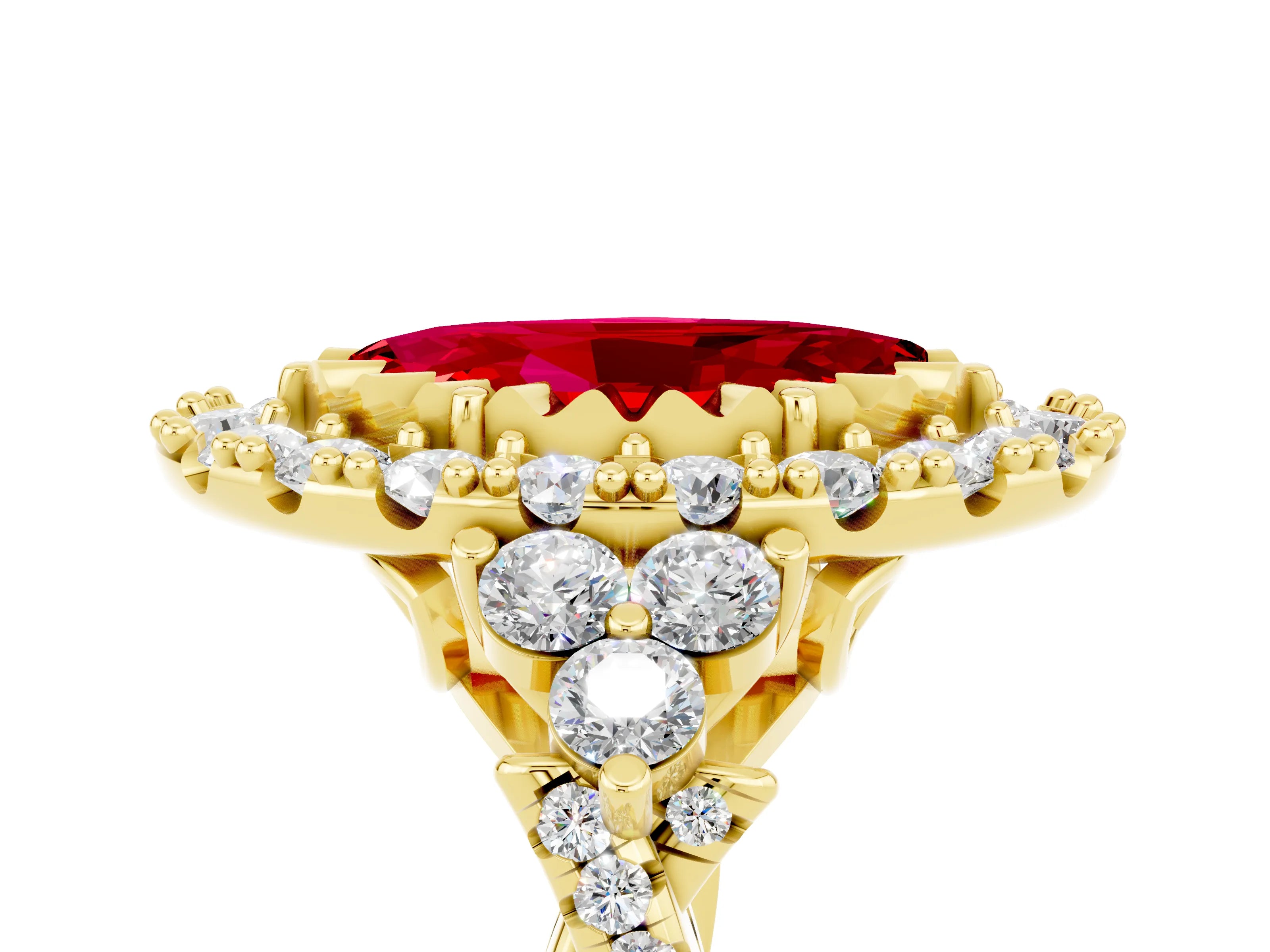 Yellow gold Marquise Cut Ruby Halo Ring with Pavé Band and Four-Prong Setting_17