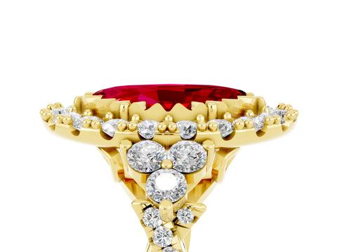 Yellow gold Marquise Cut Ruby Halo Ring with Pavé Band and Four-Prong Setting_17