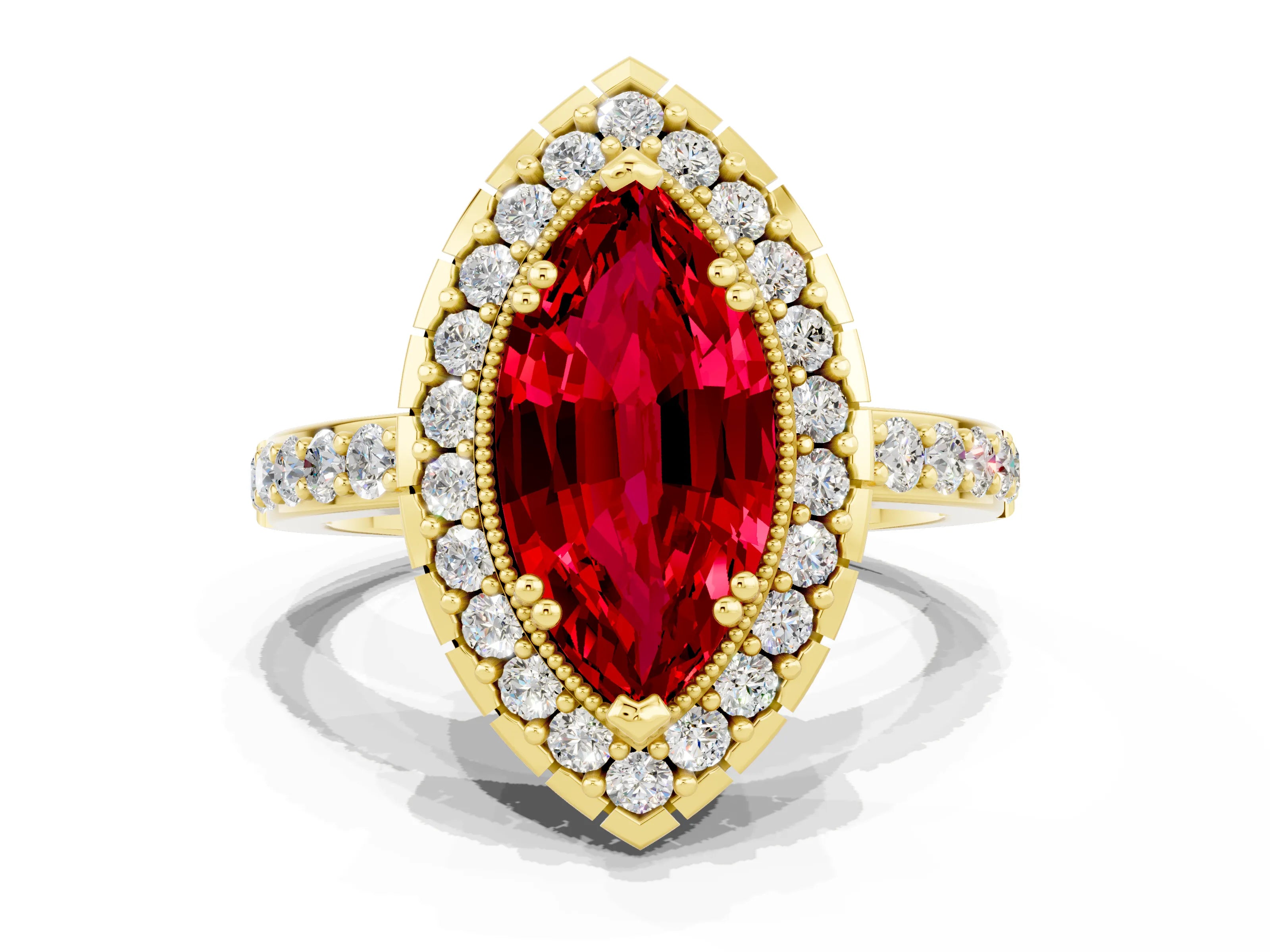 Yellow gold Marquise Cut Ruby Halo Ring with Pavé Band and Prong Setting