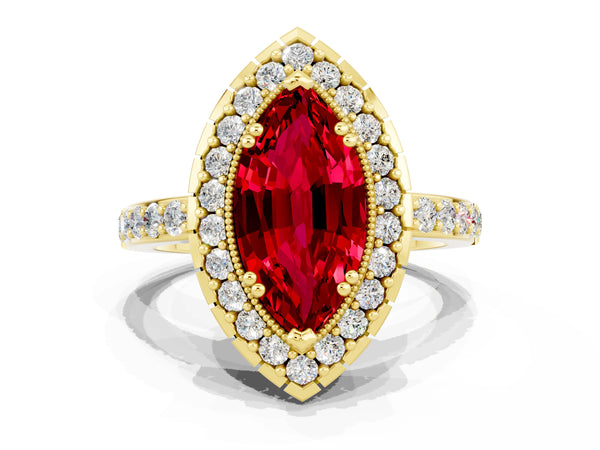 Yellow gold Marquise Cut Ruby Halo Ring with Pavé Band and Prong Setting