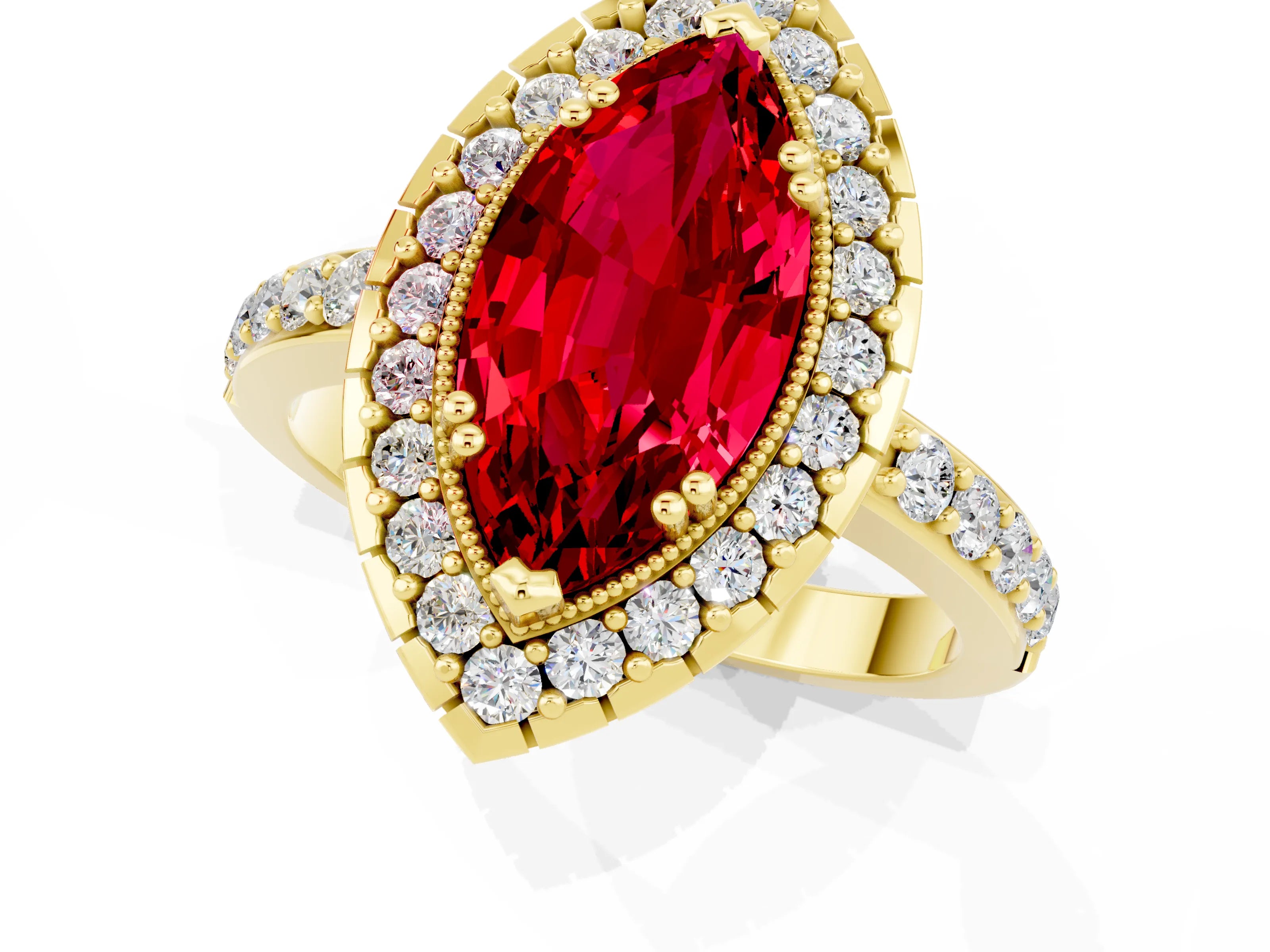 Yellow gold Marquise Cut Ruby Halo Ring with Pavé Band and Prong Setting_1