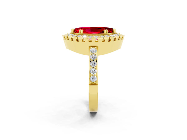 Yellow gold Marquise Cut Ruby Halo Ring with Pavé Band and Prong Setting