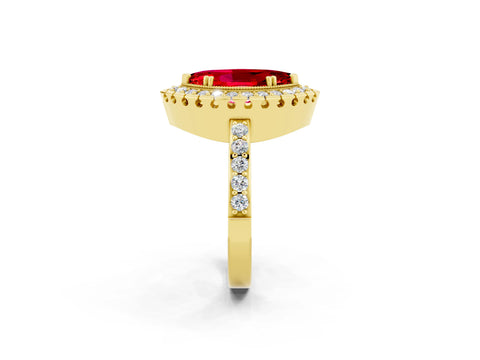 Yellow gold Marquise Cut Ruby Halo Ring with Pavé Band and Prong Setting_2