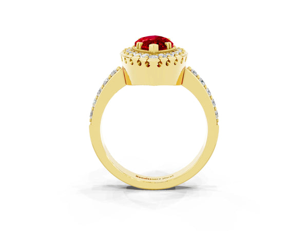 Yellow gold Marquise Cut Ruby Halo Ring with Pavé Band and Prong Setting