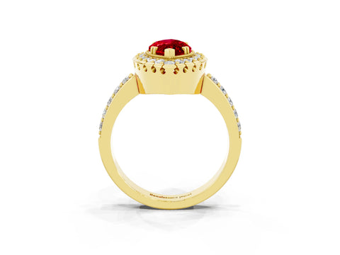 Yellow gold Marquise Cut Ruby Halo Ring with Pavé Band and Prong Setting_3