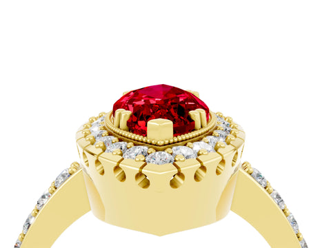 Yellow gold Marquise Cut Ruby Halo Ring with Pavé Band and Prong Setting_4