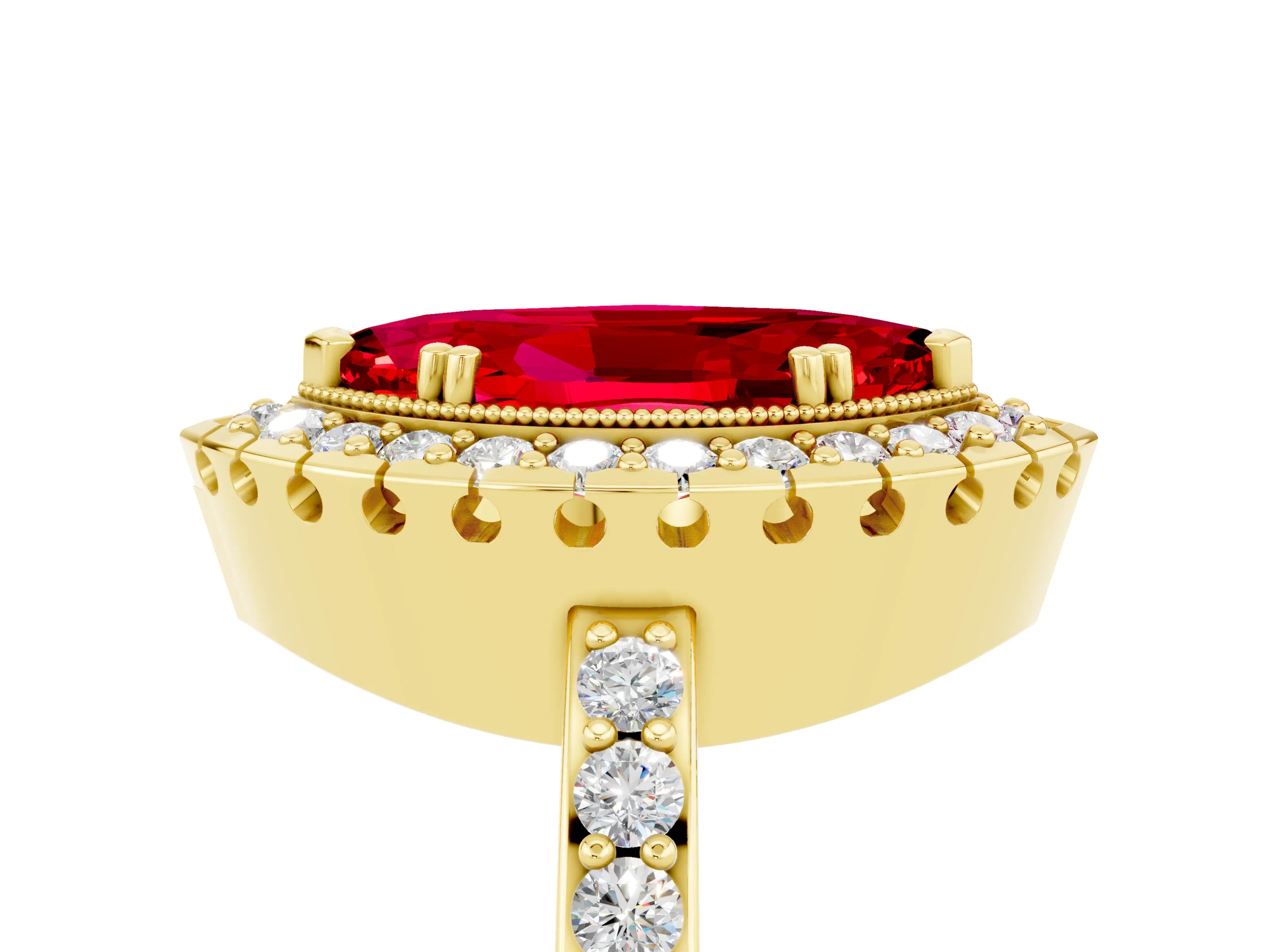 Yellow gold Marquise Cut Ruby Halo Ring with Pavé Band and Prong Setting_5