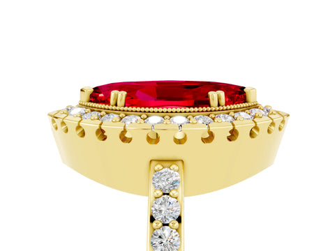 Yellow gold Marquise Cut Ruby Halo Ring with Pavé Band and Prong Setting_5