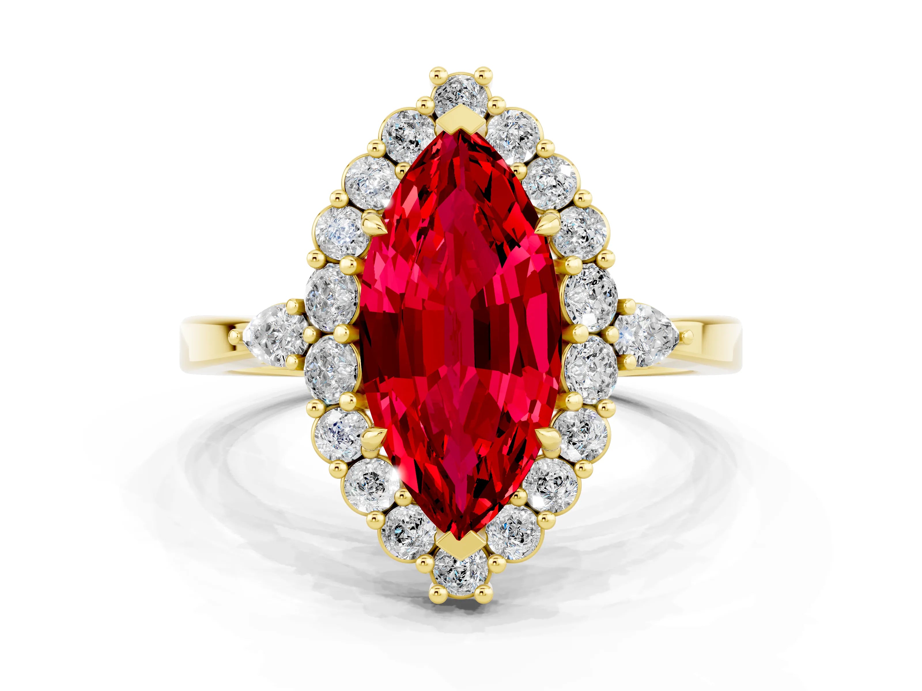Yellow gold Marquise Cut Ruby Halo Ring with Pear Side Stones and Prong Setting_12