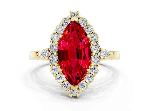 Yellow gold Marquise Cut Ruby Halo Ring with Pear Side Stones and Prong Setting