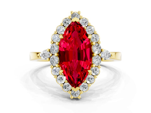 Yellow gold Marquise Cut Ruby Halo Ring with Pear Side Stones and Prong Setting_12