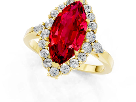 Yellow gold Marquise Cut Ruby Halo Ring with Pear Side Stones and Prong Setting_13