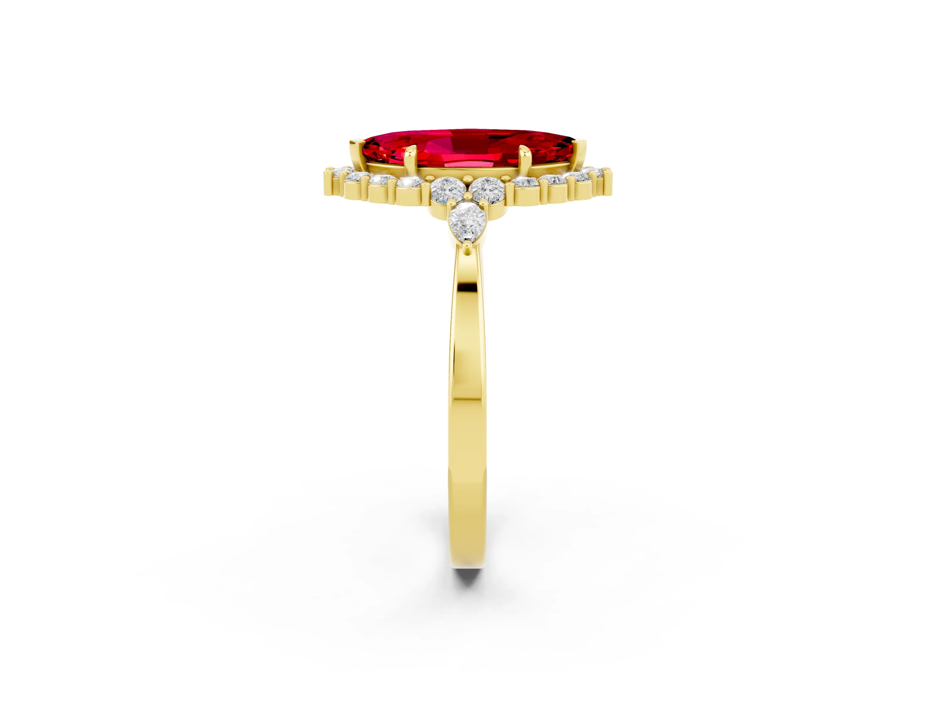 Yellow gold Marquise Cut Ruby Halo Ring with Pear Side Stones and Prong Setting_14