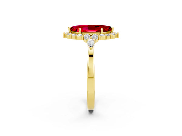 Yellow gold Marquise Cut Ruby Halo Ring with Pear Side Stones and Prong Setting