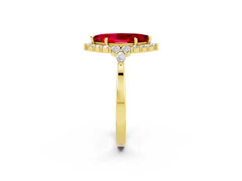Yellow gold Marquise Cut Ruby Halo Ring with Pear Side Stones and Prong Setting_14
