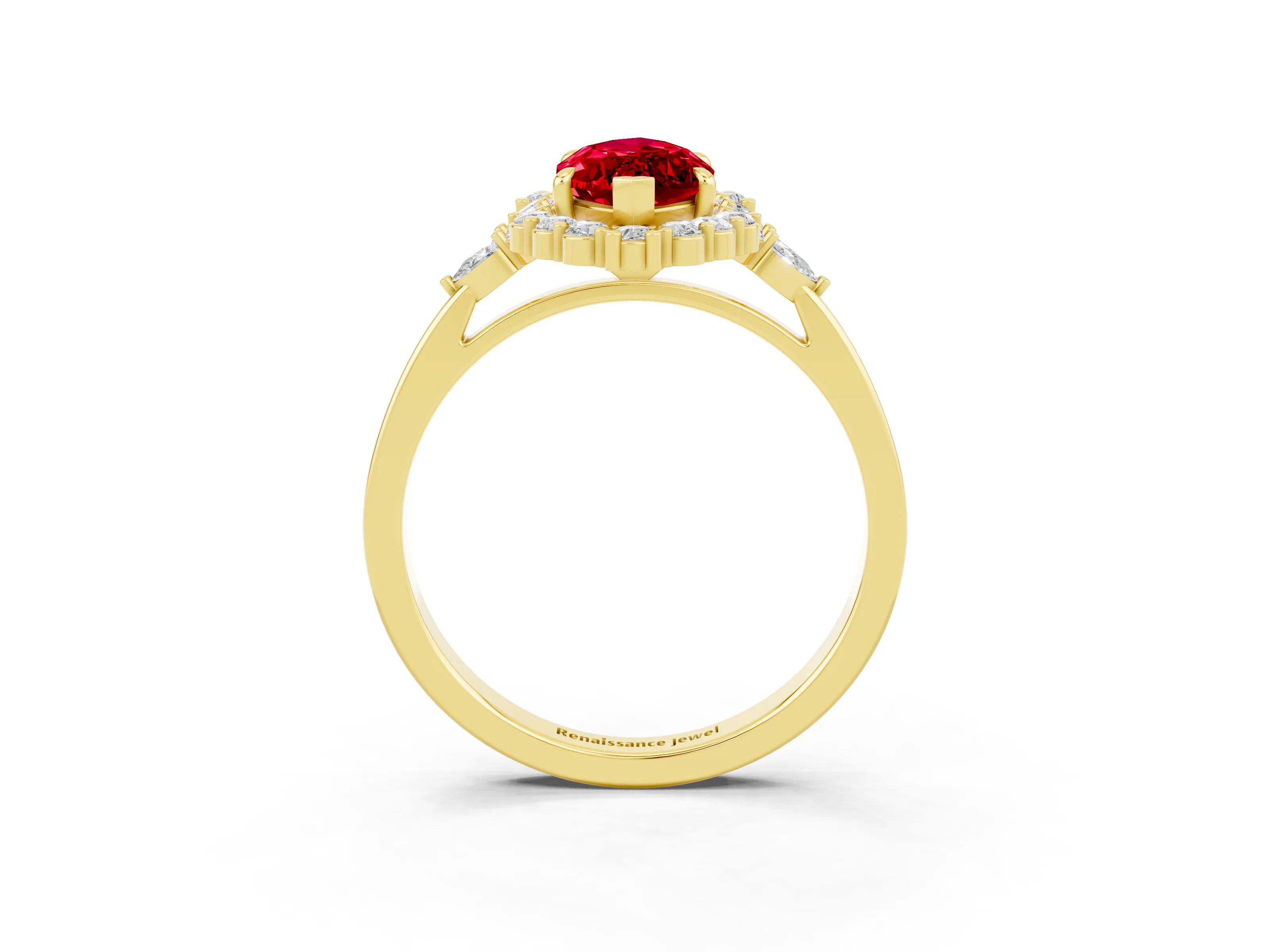 Yellow gold Marquise Cut Ruby Halo Ring with Pear Side Stones and Prong Setting_15
