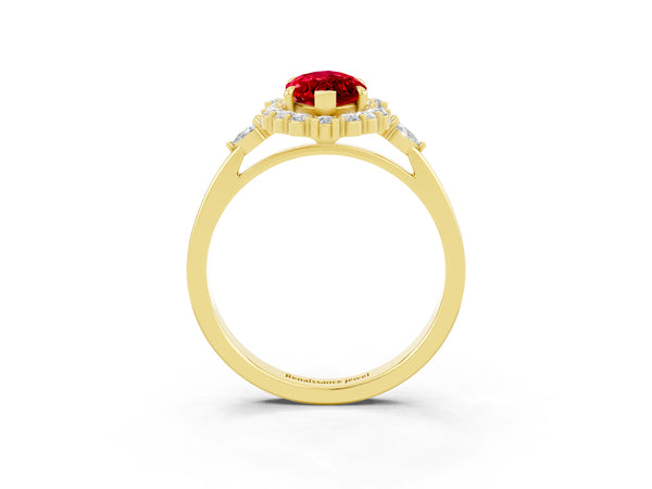 Yellow gold Marquise Cut Ruby Halo Ring with Pear Side Stones and Prong Setting