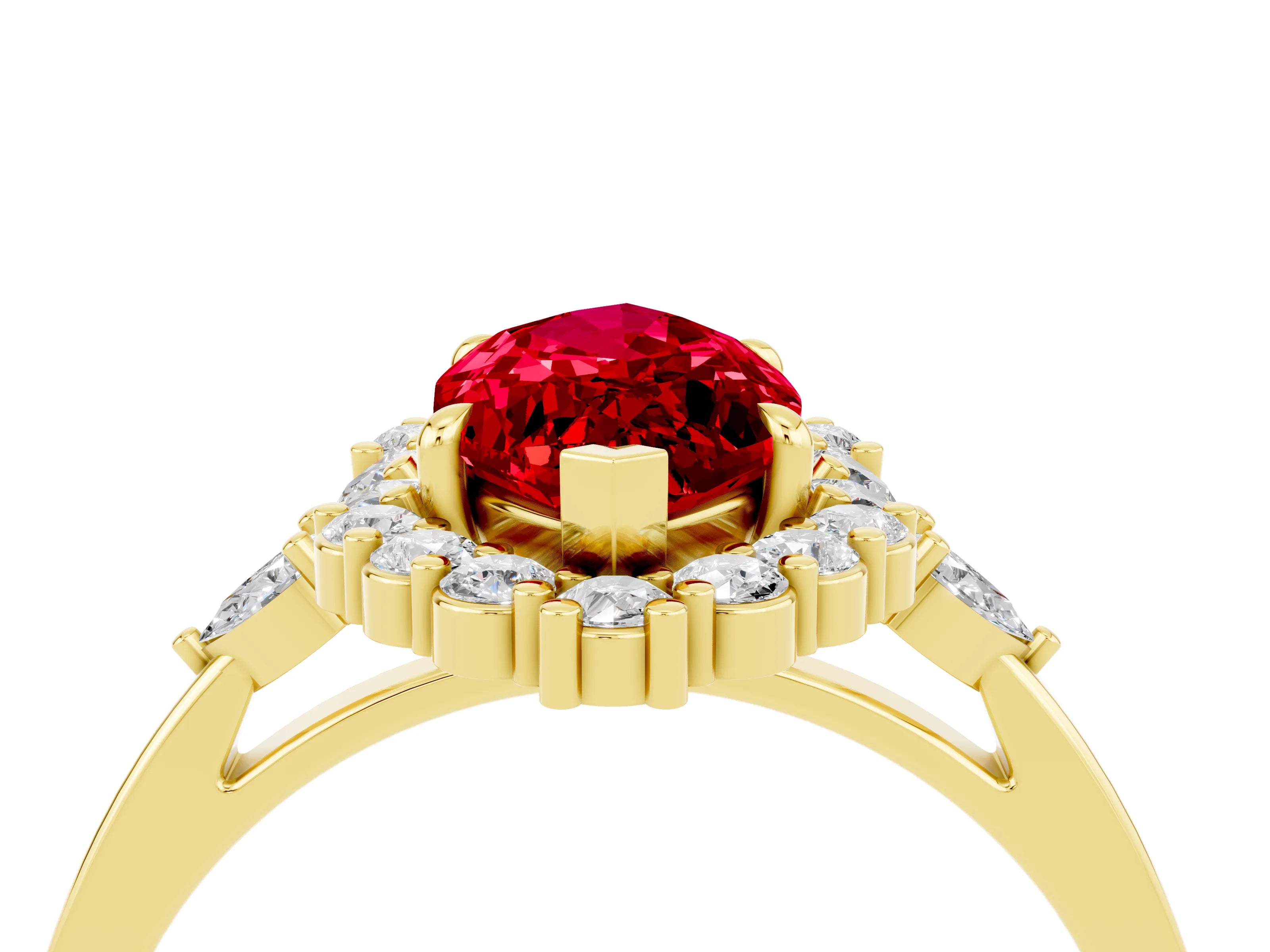 Yellow gold Marquise Cut Ruby Halo Ring with Pear Side Stones and Prong Setting_16