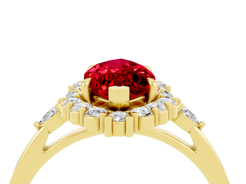 Yellow gold Marquise Cut Ruby Halo Ring with Pear Side Stones and Prong Setting_16