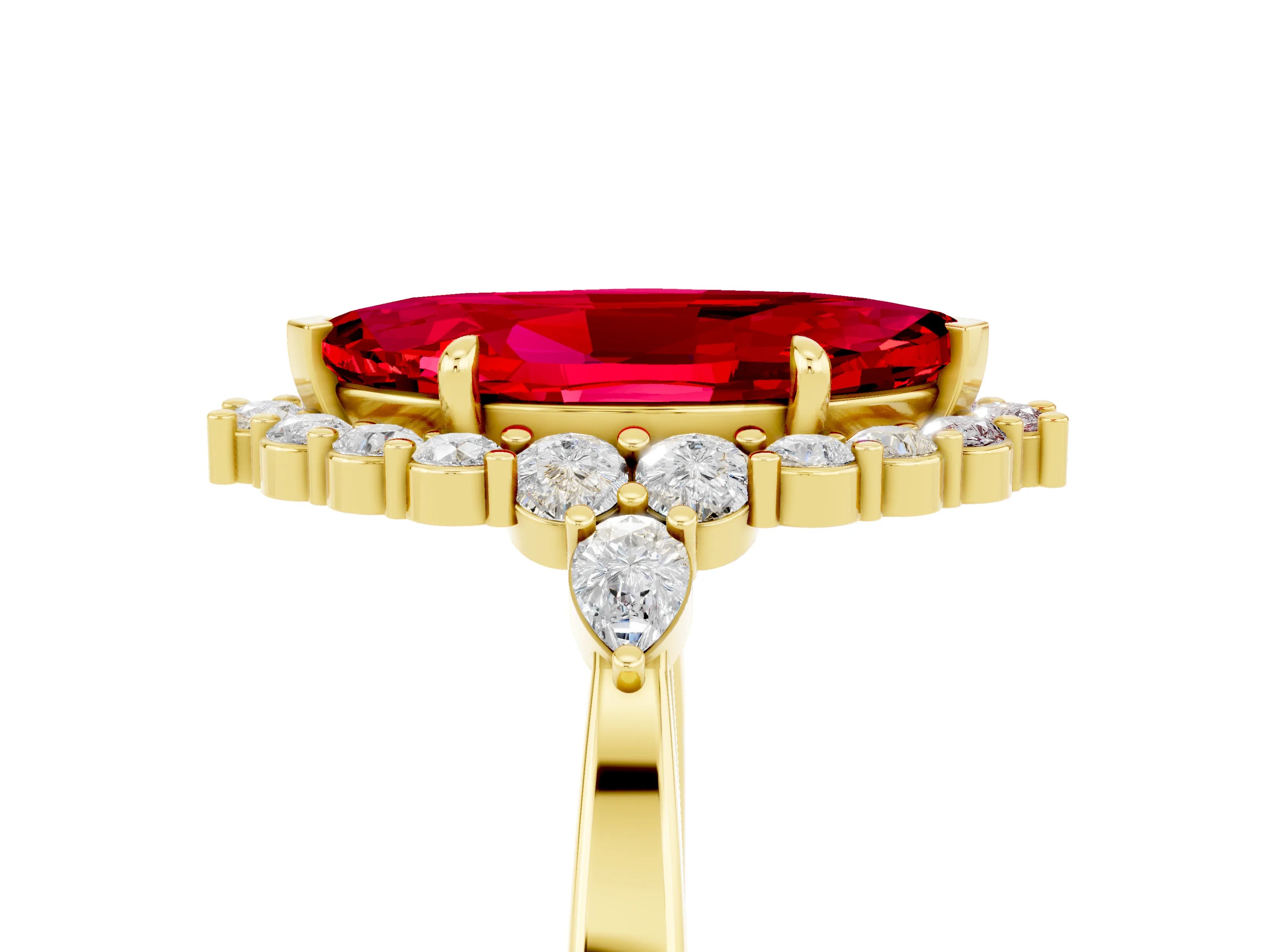 Yellow gold Marquise Cut Ruby Halo Ring with Pear Side Stones and Prong Setting_17