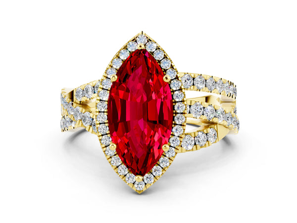 Yellow gold Marquise Cut Ruby Halo Ring with Round Split Shank and Prong Setting