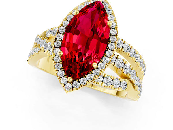 Yellow gold Marquise Cut Ruby Halo Ring with Round Split Shank and Prong Setting
