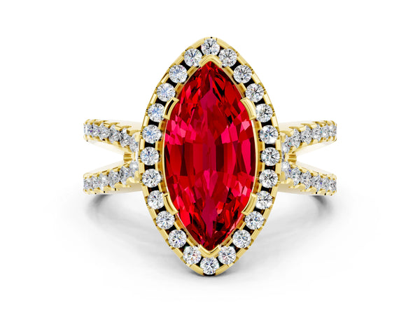Yellow gold Marquise Cut Ruby Halo Ring with Split Shank Pavé Band and Prong Setting