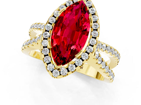 Yellow gold Marquise Cut Ruby Halo Ring with Split Shank Pavé Band and Prong Setting_1