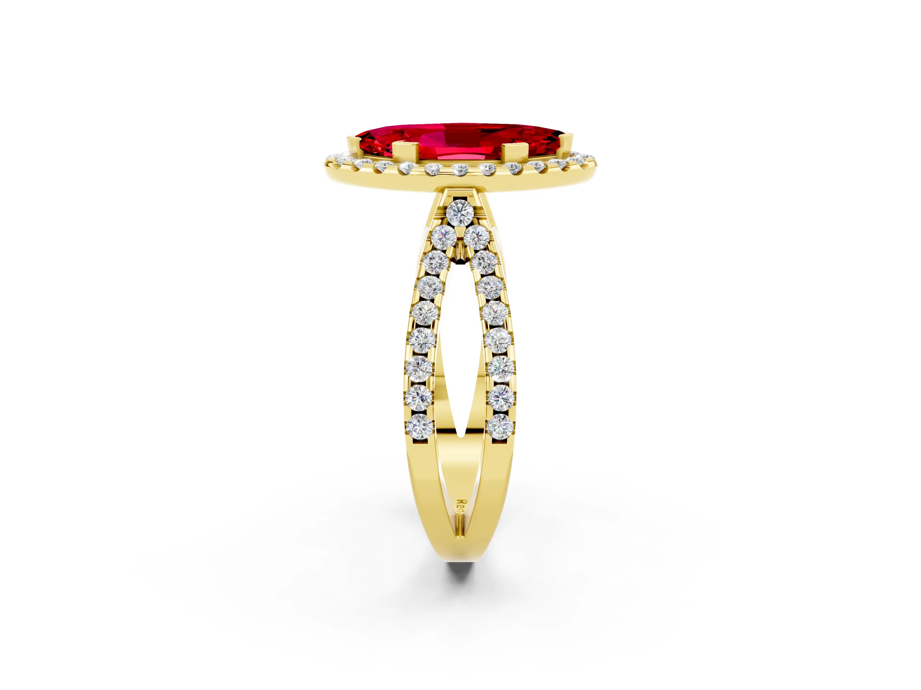 Yellow gold Marquise Cut Ruby Halo Ring with Split Shank Pavé Band and Prong Setting_2