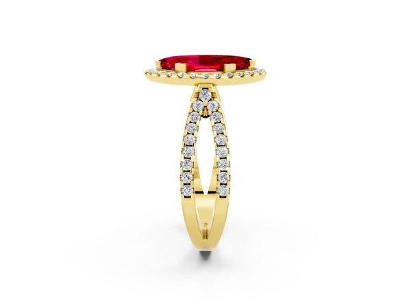 Yellow gold Marquise Cut Ruby Halo Ring with Split Shank Pavé Band and Prong Setting