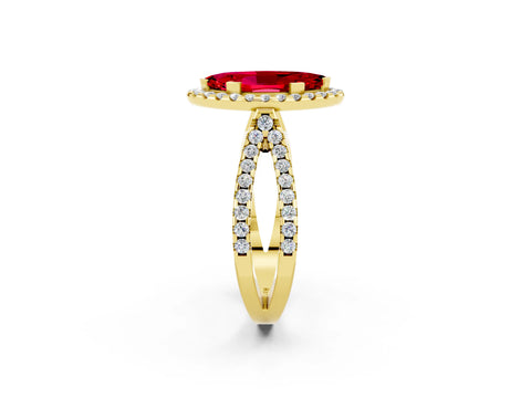 Yellow gold Marquise Cut Ruby Halo Ring with Split Shank Pavé Band and Prong Setting_2