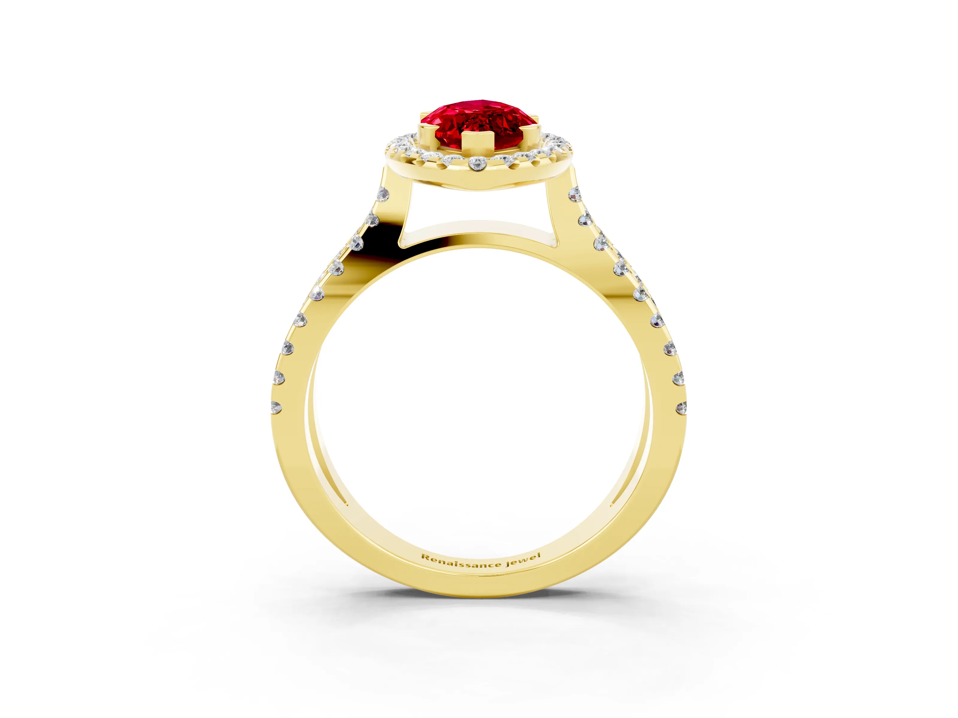 Yellow gold Marquise Cut Ruby Halo Ring with Split Shank Pavé Band and Prong Setting_3