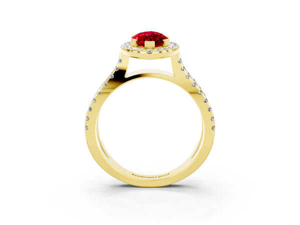 Yellow gold Marquise Cut Ruby Halo Ring with Split Shank Pavé Band and Prong Setting