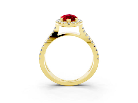 Yellow gold Marquise Cut Ruby Halo Ring with Split Shank Pavé Band and Prong Setting_3