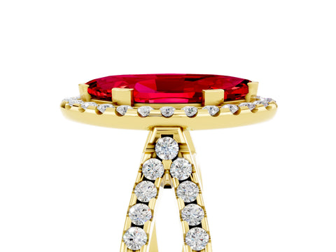 Yellow gold Marquise Cut Ruby Halo Ring with Split Shank Pavé Band and Prong Setting_5