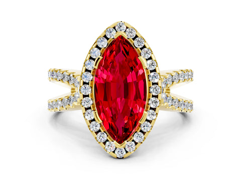 Yellow gold Marquise Cut Ruby Halo Ring with Split Shank Pavé Band and Prong Setting