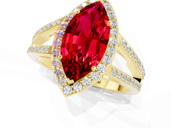 Yellow gold Marquise Cut Ruby Halo Ring with Split Shank U-Prong Band and Four-Prong Setting