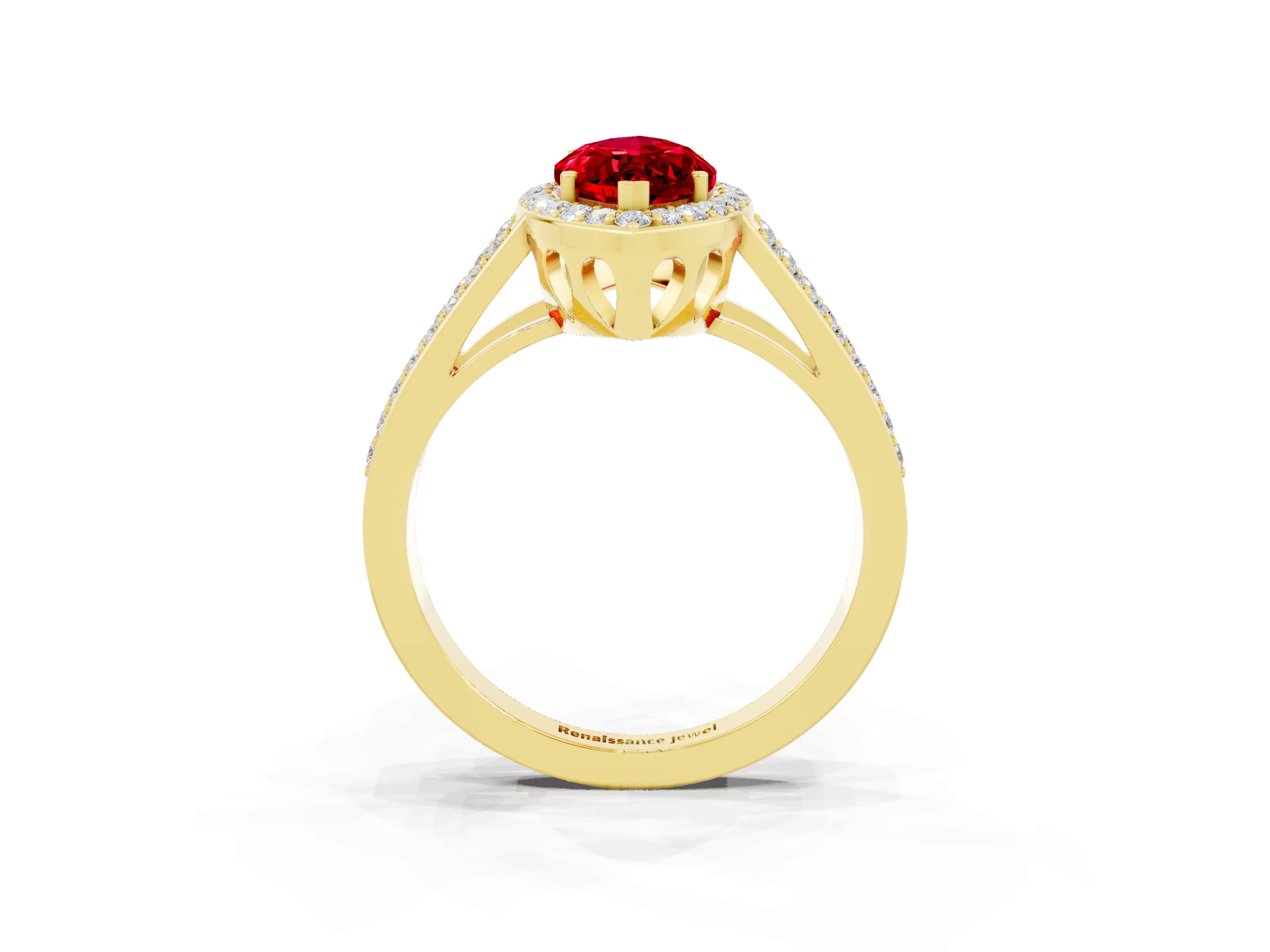 Yellow gold Marquise Cut Ruby Halo Ring with Split Shank U-Prong Band and Four-Prong Setting_3