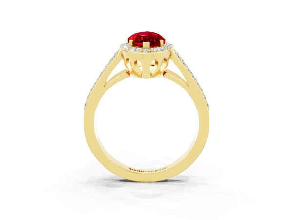 Yellow gold Marquise Cut Ruby Halo Ring with Split Shank U-Prong Band and Four-Prong Setting