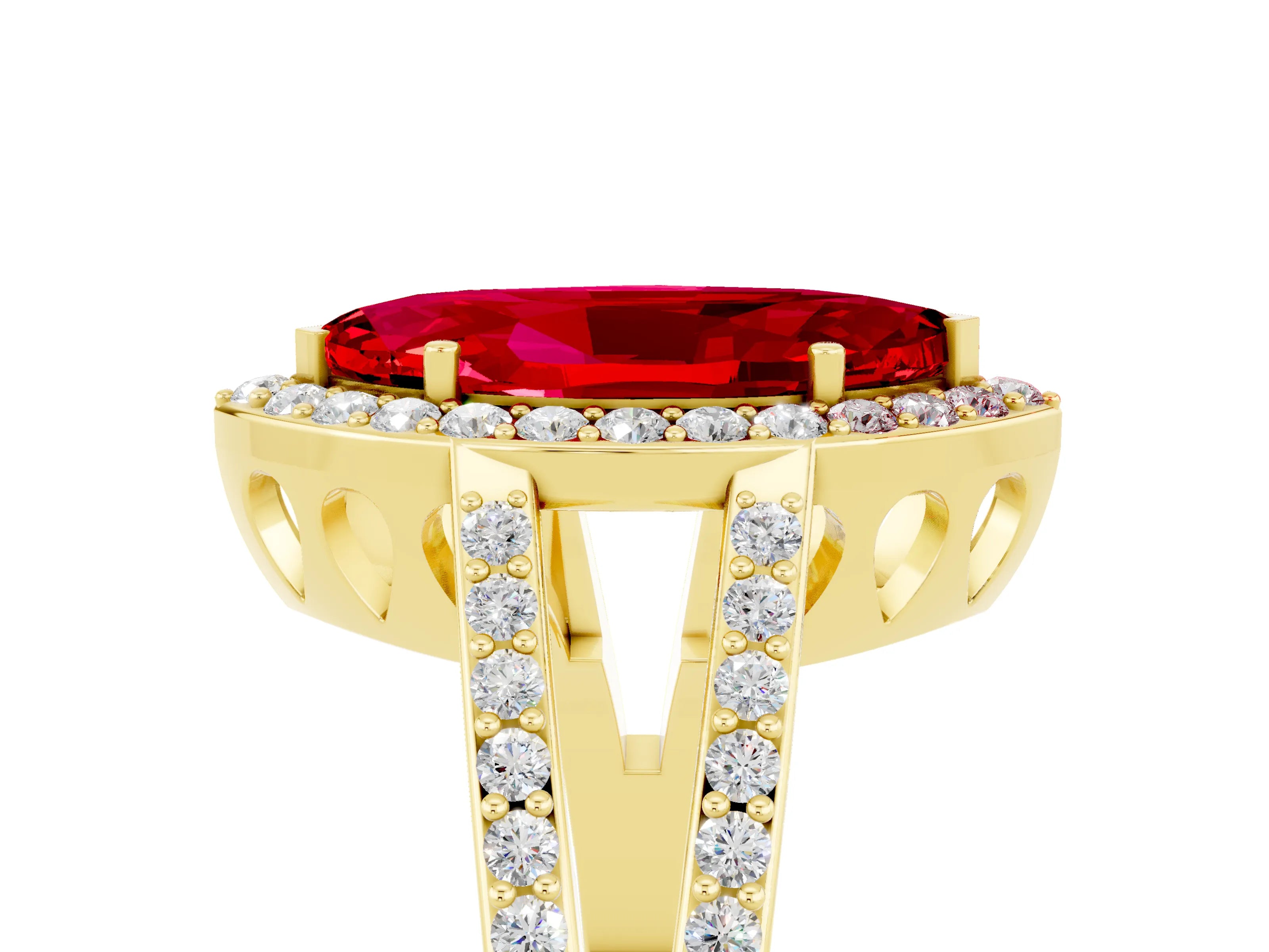 Yellow gold Marquise Cut Ruby Halo Ring with Split Shank U-Prong Band and Four-Prong Setting_5