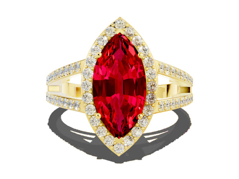 Yellow gold Marquise Cut Ruby Halo Ring with Split Shank U-Prong Band and Four-Prong Setting