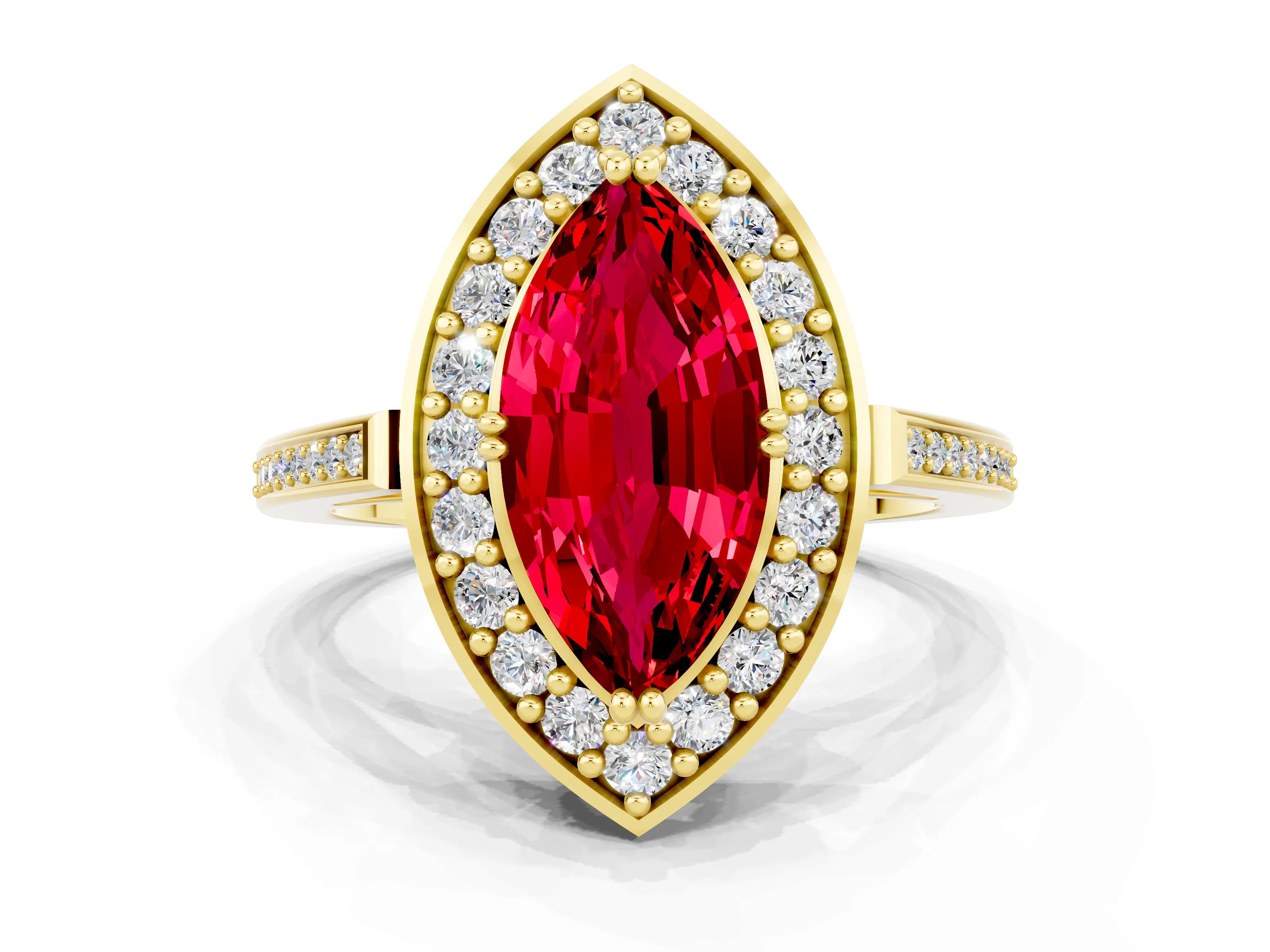 Yellow gold Marquise Cut Ruby Halo Ring with Split Shank and Four-Prong Setting