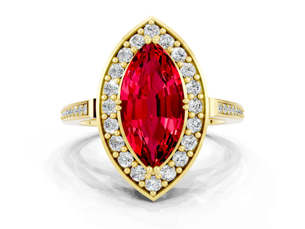 Yellow gold Marquise Cut Ruby Halo Ring with Split Shank and Four-Prong Setting