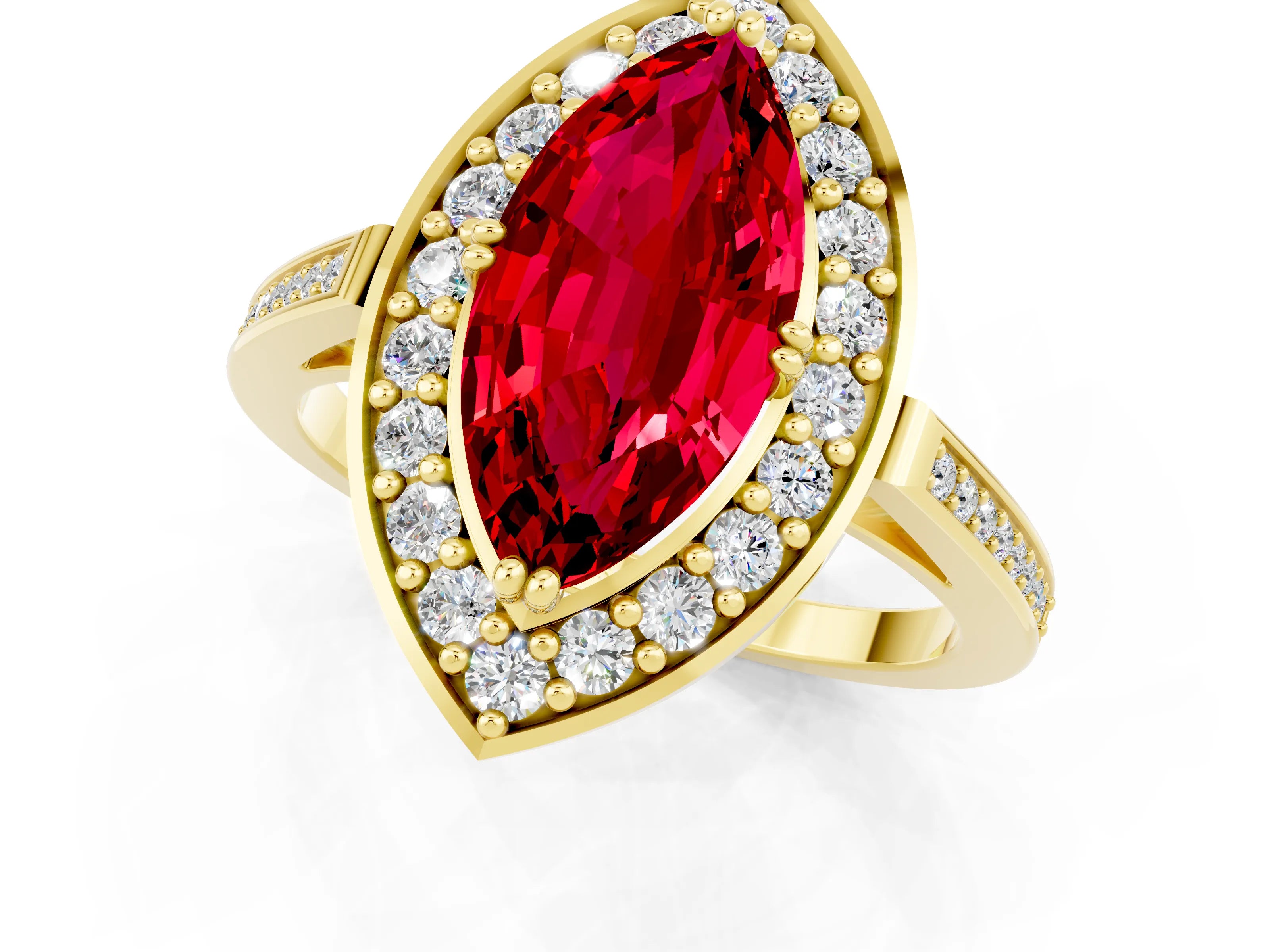 Yellow gold Marquise Cut Ruby Halo Ring with Split Shank and Four-Prong Setting_1