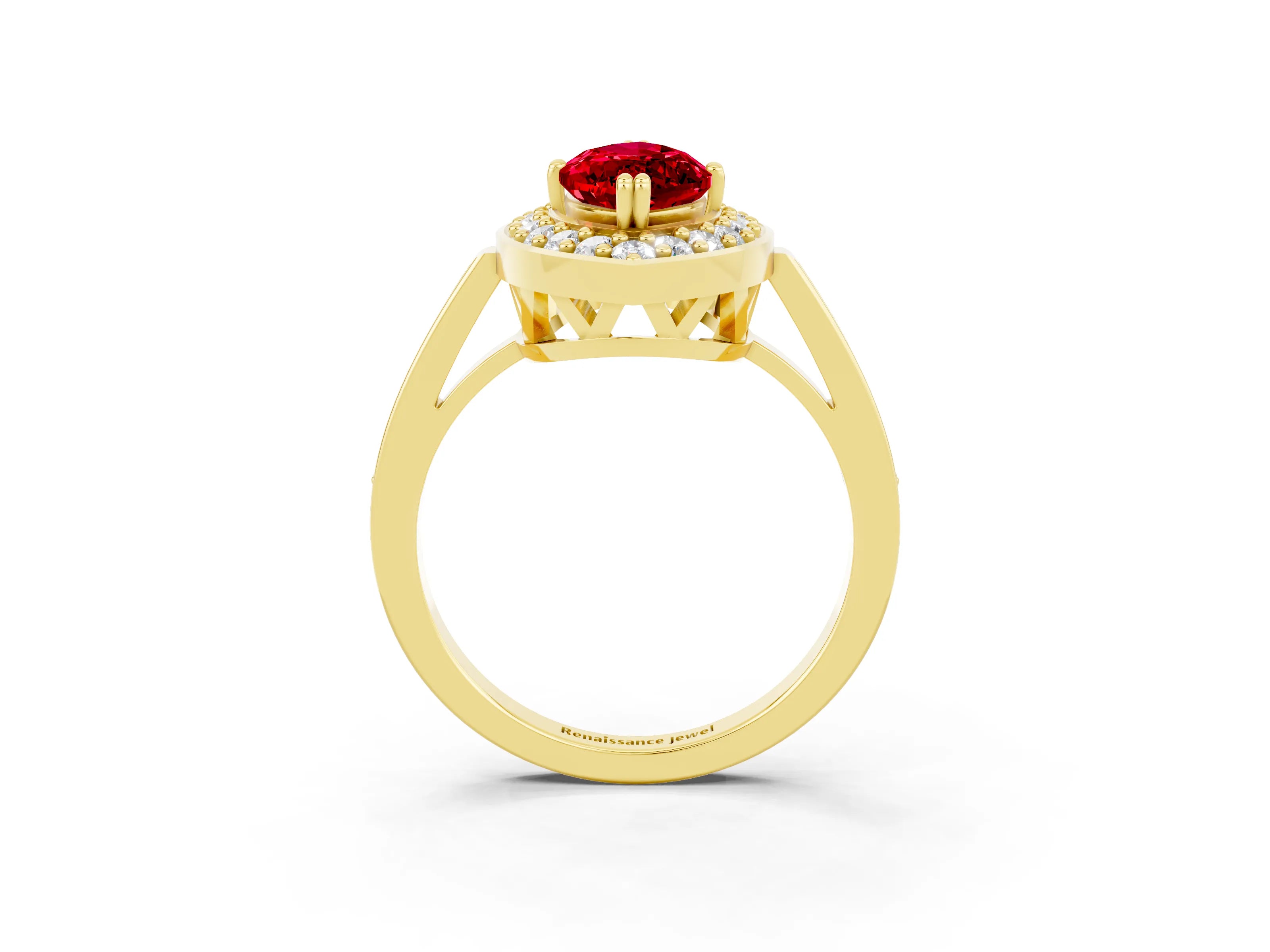 Yellow gold Marquise Cut Ruby Halo Ring with Split Shank and Four-Prong Setting_3